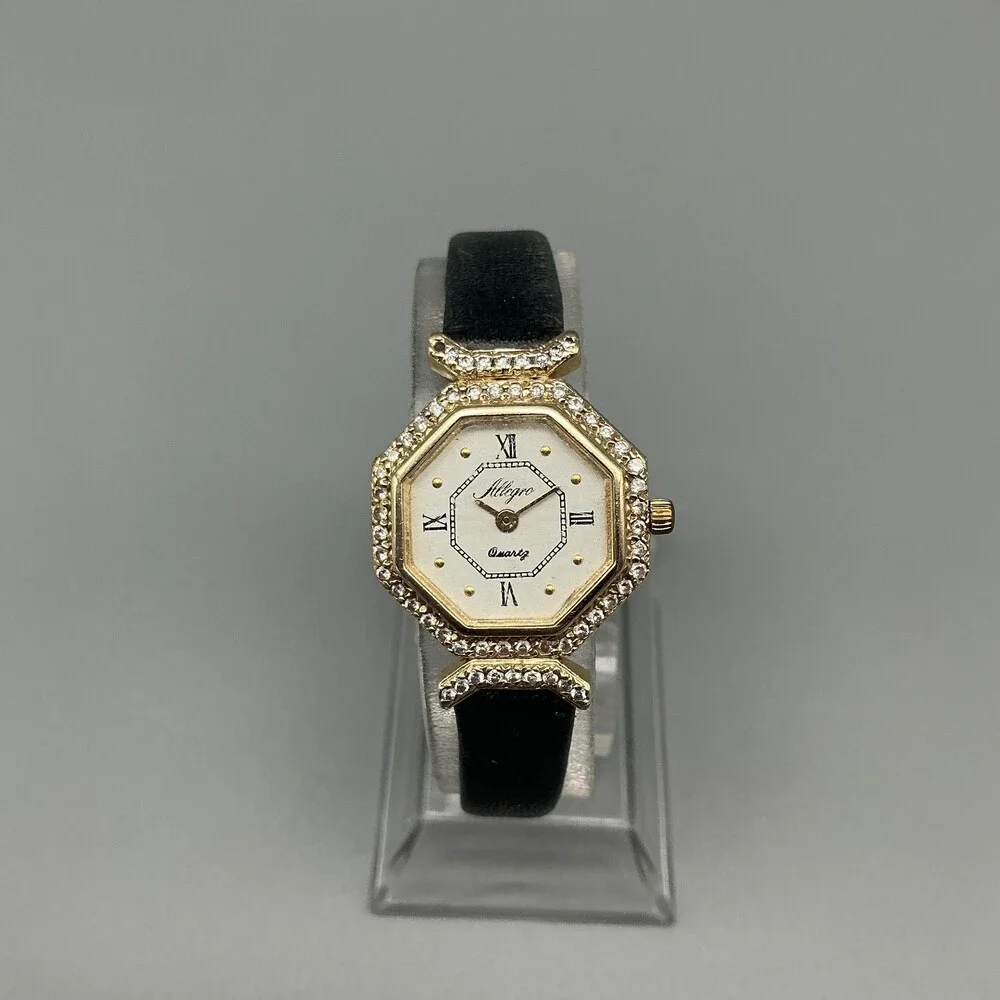 Allegro Womens Watch 22mm White Dial 14K Diamond Bezel Black Leather New Battery